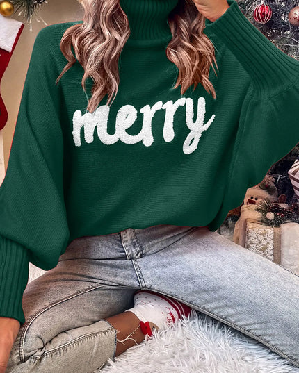 Double Take Full Size Merry Christmas Turtleneck Long Sleeve Sweater Dark Green