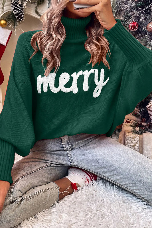 Double Take Full Size Merry Christmas Turtleneck Long Sleeve Sweater Dark Green