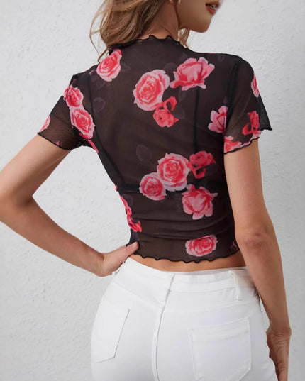 Mesh Rose Print Fitted T-Shirt