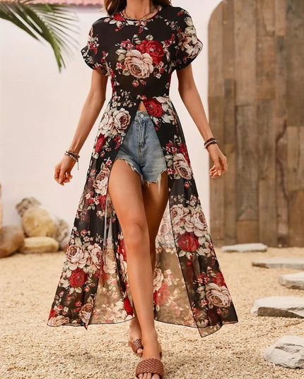 Slit Rose Printed Round Neck Short Sleeve Blouse