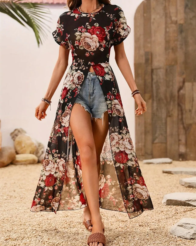 Slit Rose Printed Round Neck Short Sleeve Blouse