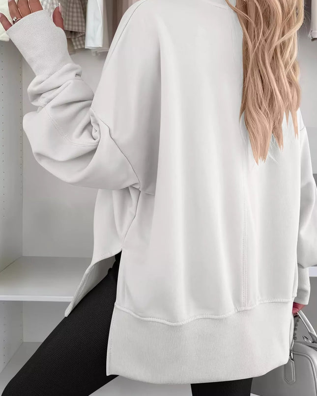 Side Slit Round Neck Long Sleeve Sweatshirt