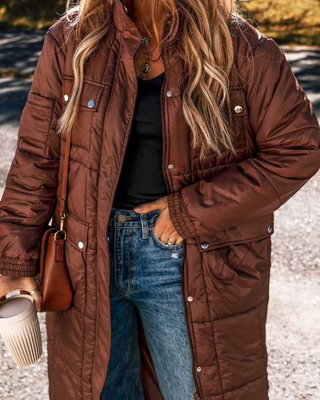 Pocketed Bubble Texture Long Sleeve Longline Winter Coat