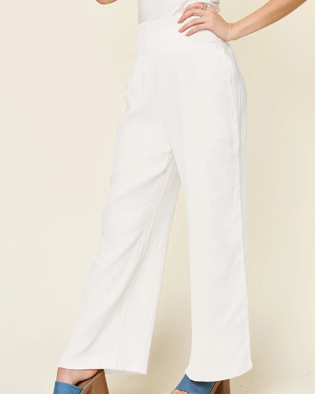 Double Take Full Size Texture Smocked Waist Wide Leg Pants