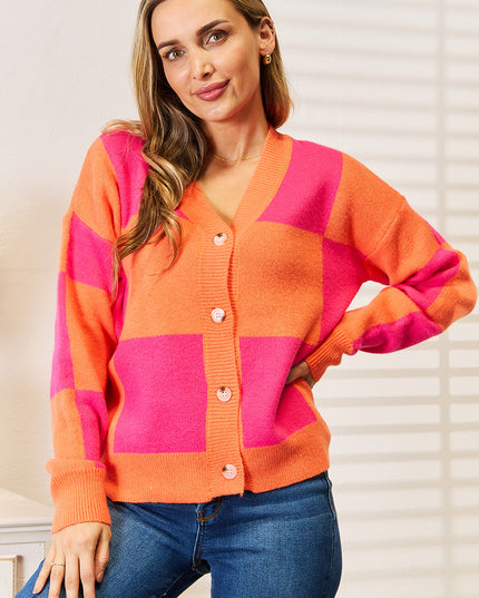 Angel Wings Woven Right Checkered V-Neck Dropped Shoulder Cardigan Hot Pink