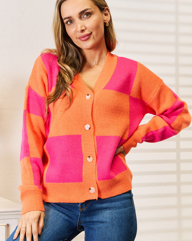 Angel Wings Woven Right Checkered V-Neck Dropped Shoulder Cardigan Hot Pink