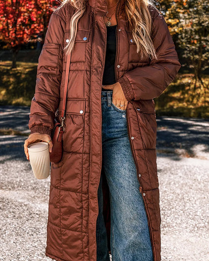 Pocketed Bubble Texture Long Sleeve Longline Winter Coat Brown