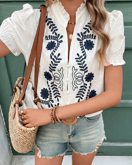 Embroidered Puff Sleeve Blouse White
