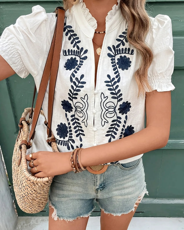 Embroidered Puff Sleeve Blouse White