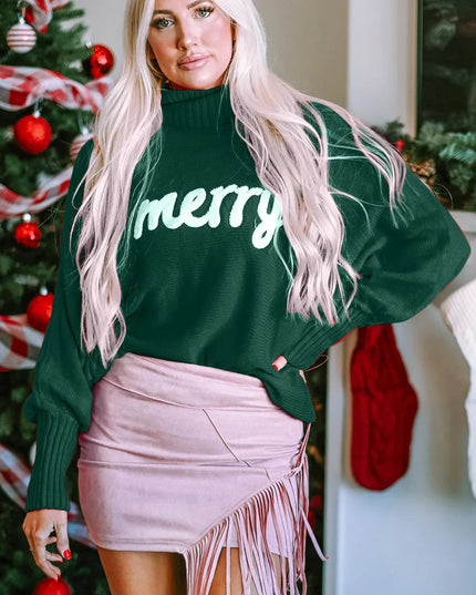 Double Take Full Size Merry Christmas Turtleneck Long Sleeve Sweater