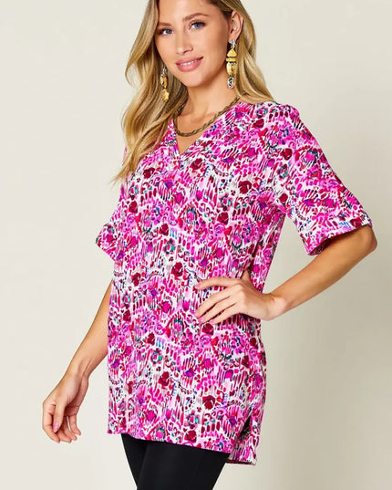 Double Take Full Size Printed V-Neck Short Sleeve Blouse