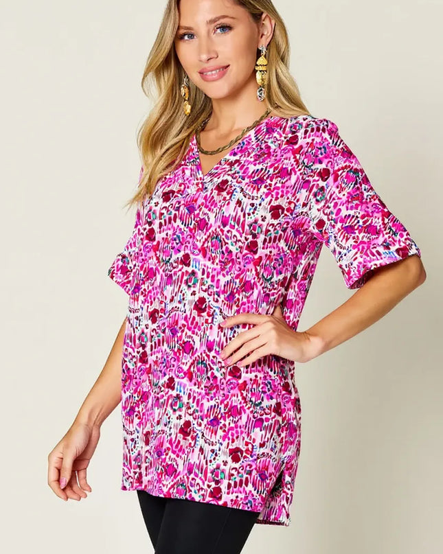 Double Take Full Size Printed V-Neck Short Sleeve Blouse