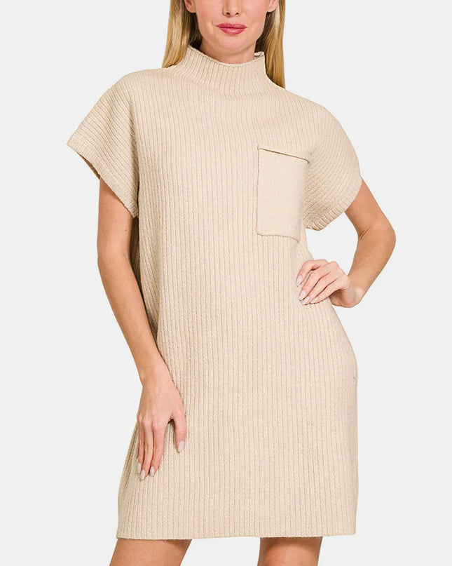 Zenana Short Sleeve Sweater Mini Dress Sand Beige