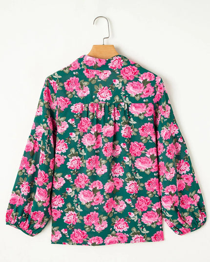 Floral Printed Tied Collar Puff Sleeve Blouse