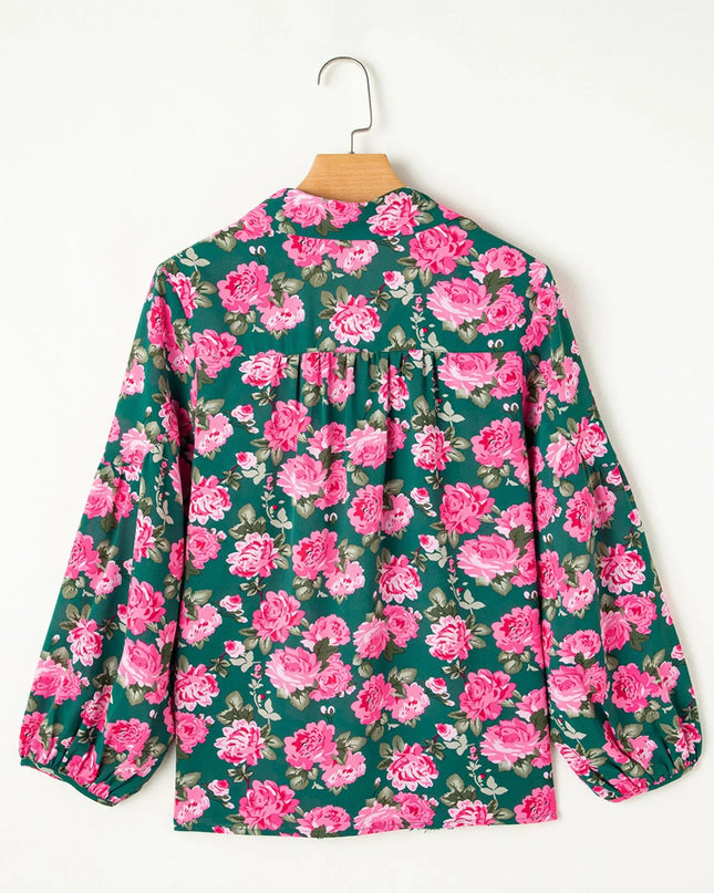 Floral Printed Tied Collar Puff Sleeve Blouse