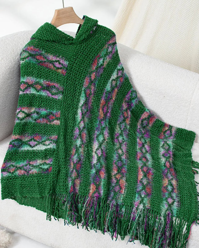 Fringe Contrast Hooded Poncho Dark Green One Size