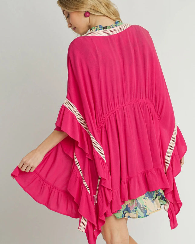 Umgee Ruffle Trim Kimono with Crochet Accent