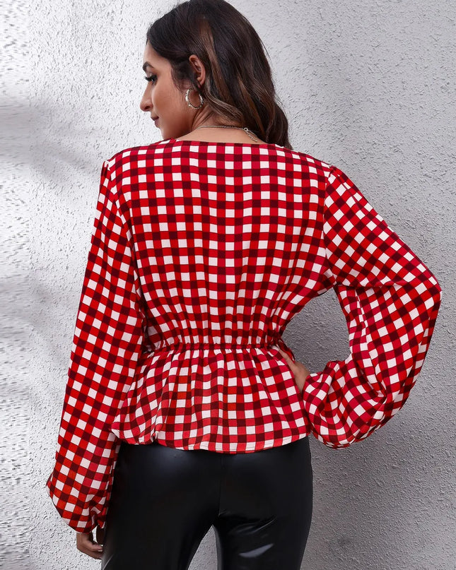 Plaid V-Neck Balloon Sleeve Peplum Blouse