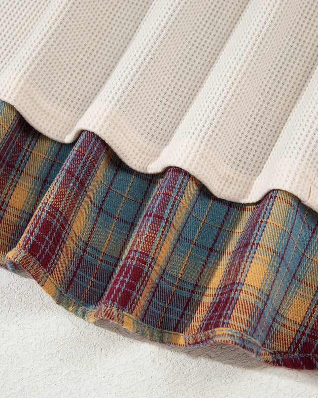 Waffle Stripe Plaid Patchwork Henley Knit Top