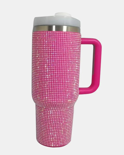 Rhinestone Stainless Steel Tumbler with Straw Hot Pink One Size