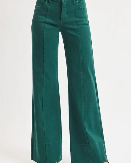RISEN Full Size Tummy Control Mid Rise Wide Leg Jeans Plus Size HUNTER GREEN