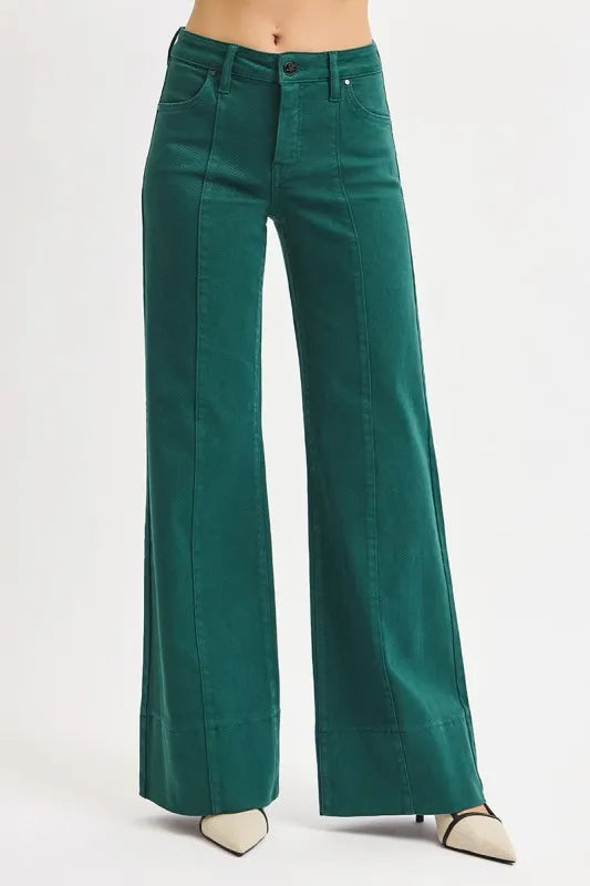 RISEN Full Size Tummy Control Mid Rise Wide Leg Jeans Plus Size HUNTER GREEN