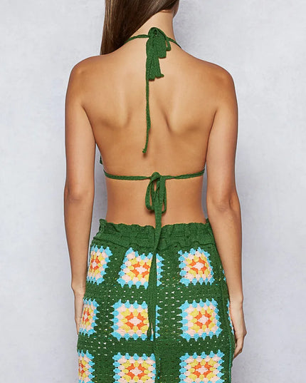 POL Crochet Halter Neck Cami and Skirt Sweater Set