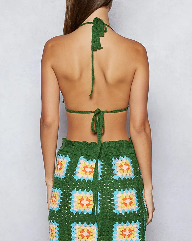 POL Crochet Halter Neck Cami and Skirt Sweater Set