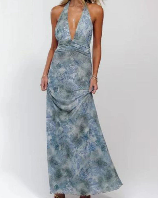 Floral Halter Neck Deep V Maxi Dress Sea blue
