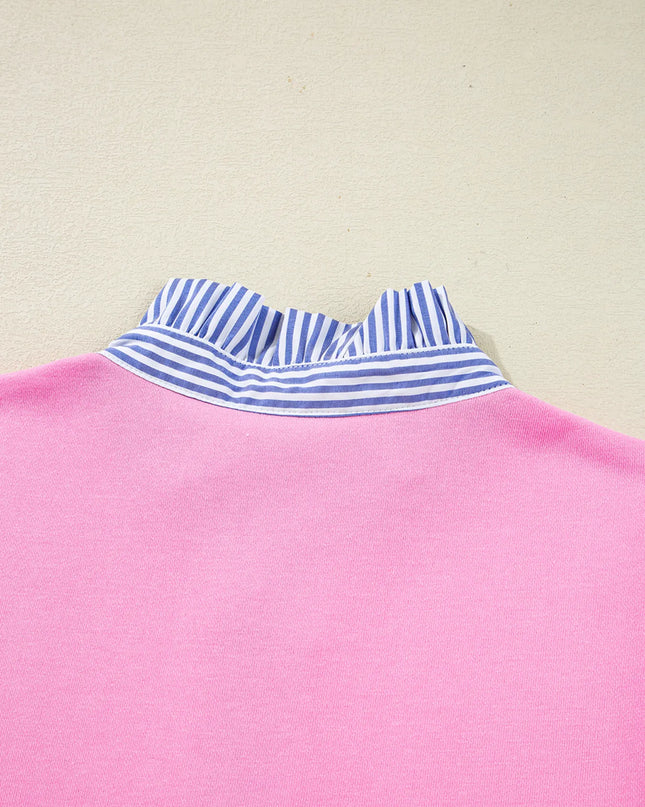 Contrast Striped Collar Patchwork Puff Sleeve Ruffle Hem Mini Dress