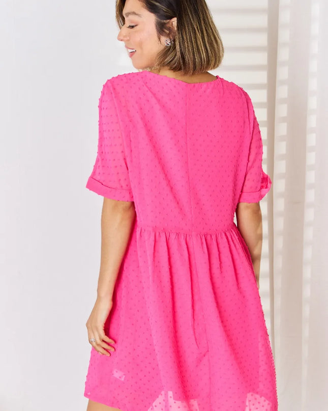 Zenana Swiss Dot Rolled Short Sleeve Babydoll Dress