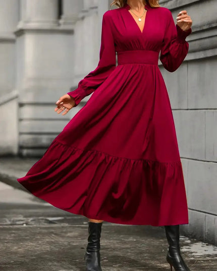 Notched Long Sleeve Tiered Dress