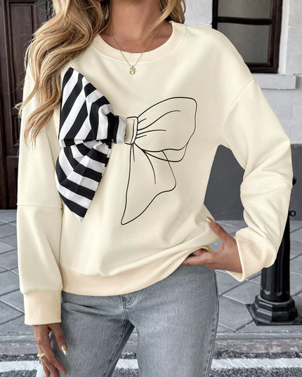 Bow Round Neck Dropped Shoulder Sweatshirt Beige