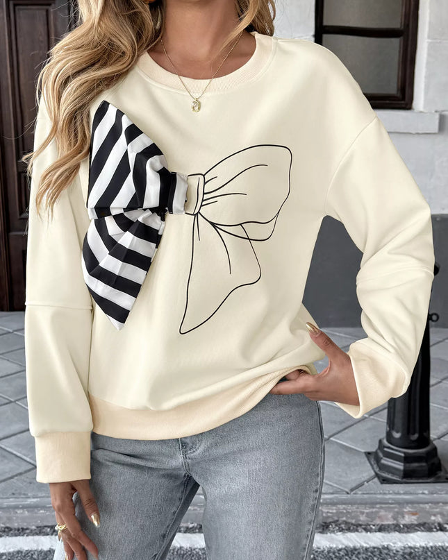 Bow Round Neck Dropped Shoulder Sweatshirt Beige