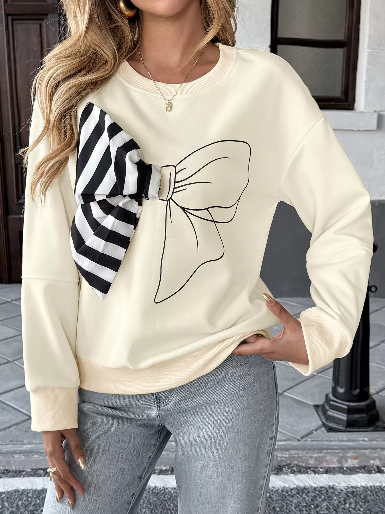 Bow Round Neck Dropped Shoulder Sweatshirt Beige
