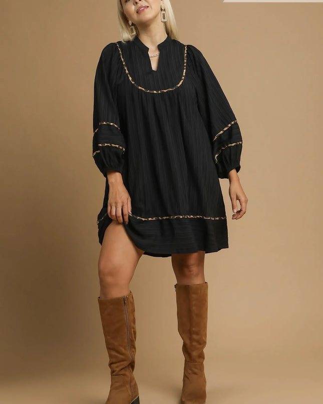 Umgee Full Size Textured Babydoll Dress with Leopard Trim Plus Size