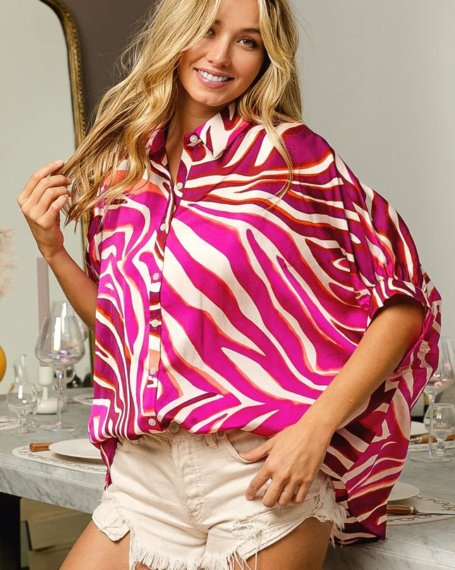 BiBi Zebra Dolman Silky Satin Shirt Top