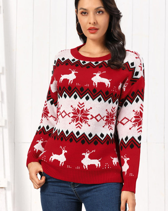 Reindeer Round Neck Sweater Deep Red
