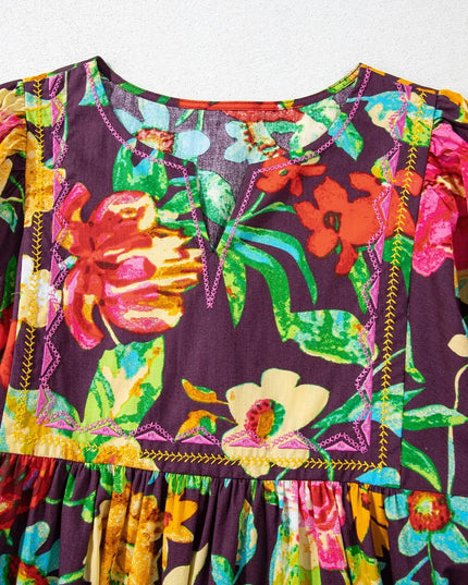 Flower Embroidered Trim Half Sleeve Blouse