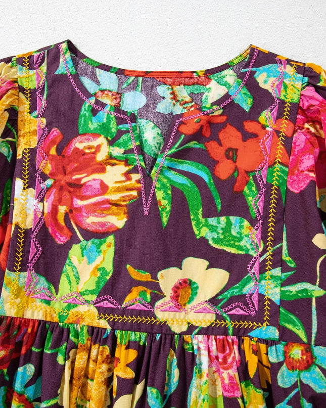 Flower Embroidered Trim Half Sleeve Blouse