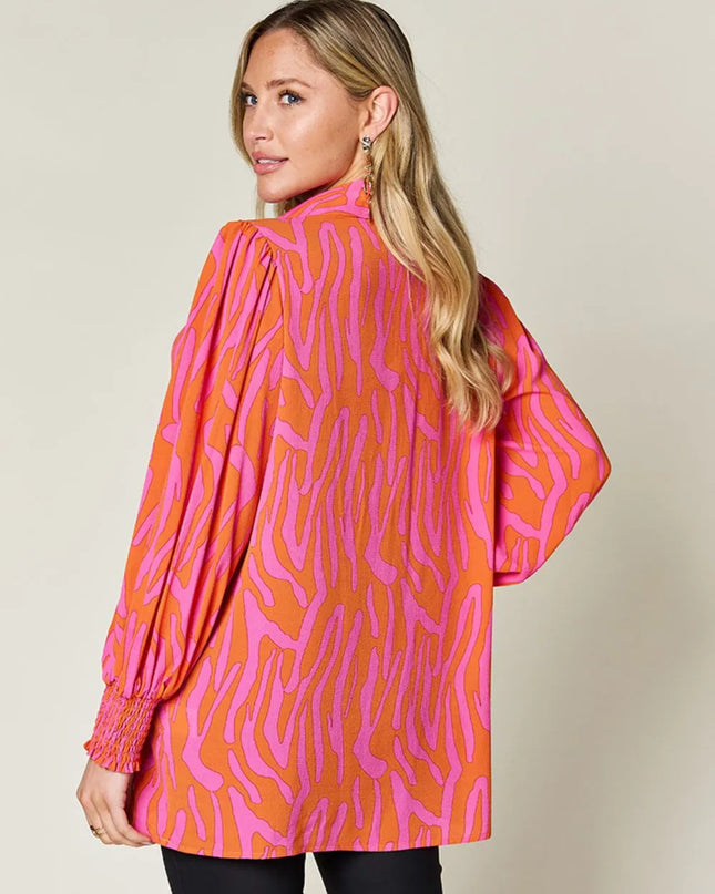 Double Take Full Size Printed Smocked Long Sleeve Blouse Plus Size