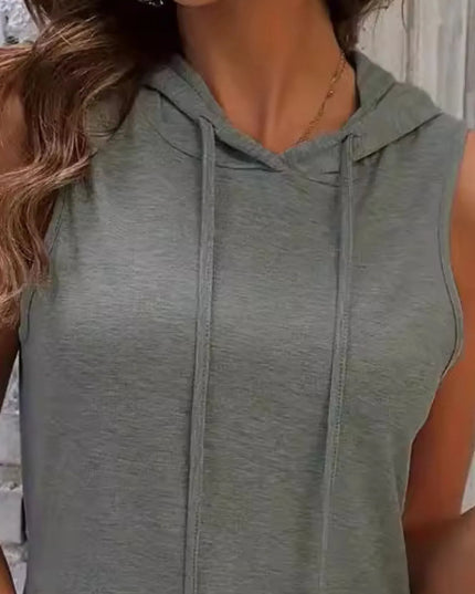 Full Size Drawstring Casual Sleeveless Hooded Mini Dress Plus Size 