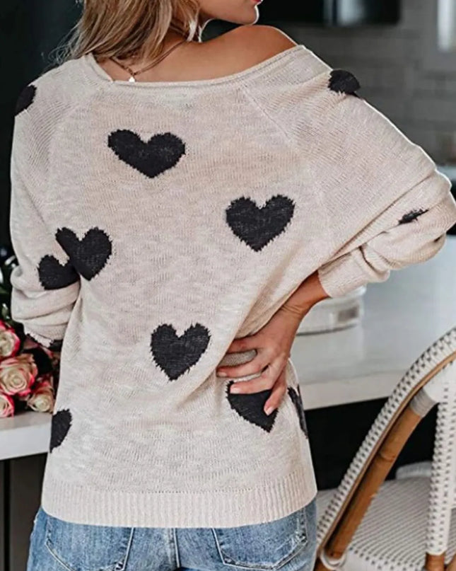 Heart Scoop Neck Long Sleeve Sweater White
