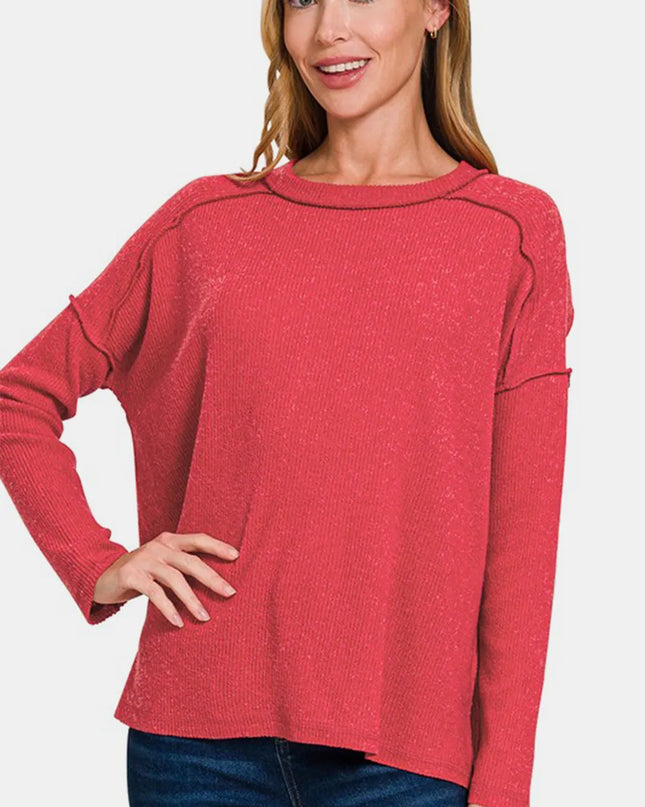 Zenana Full Size Exposed Seam Brushed Round Neck Sweater Red