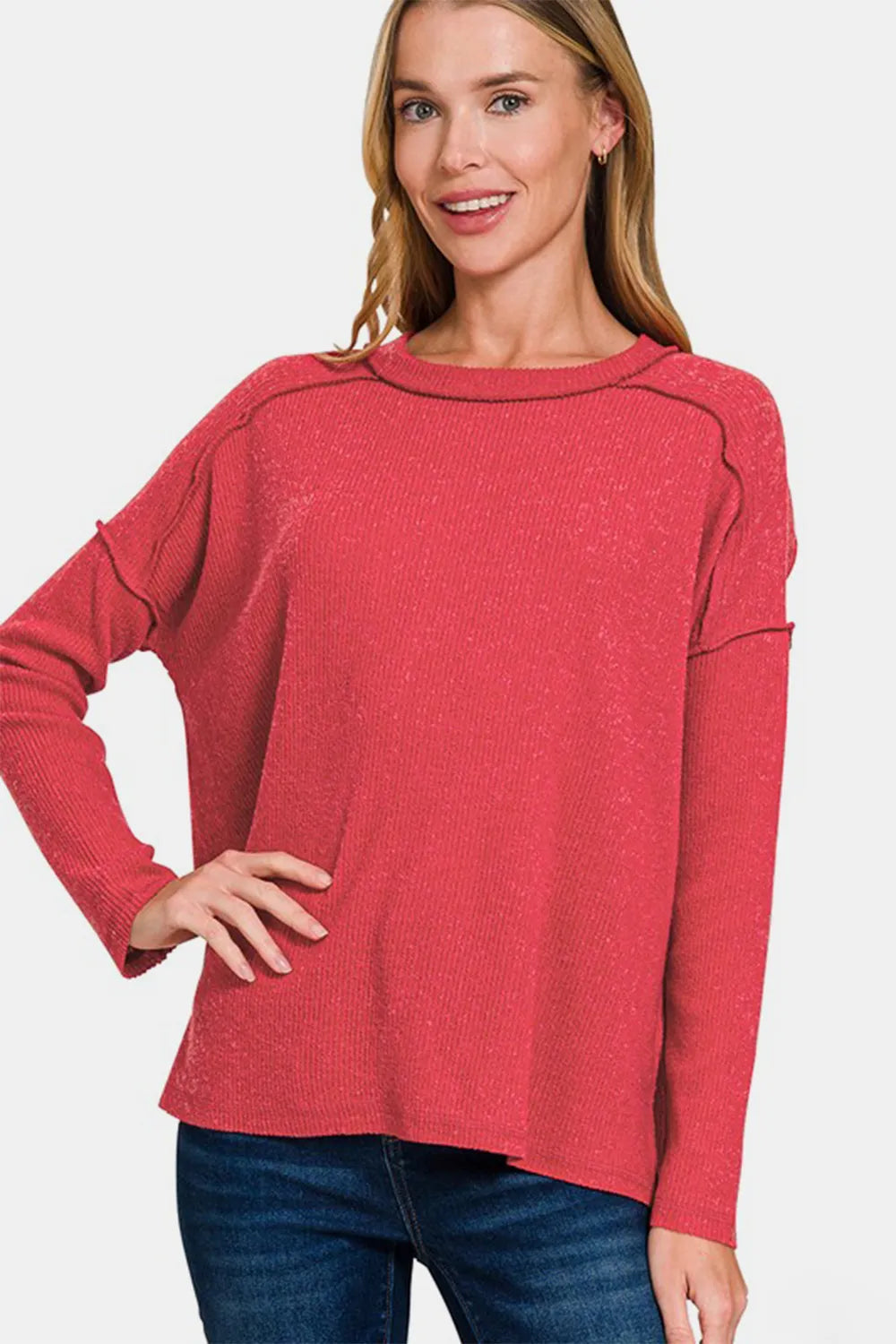 Zenana Full Size Exposed Seam Brushed Round Neck Sweater Red