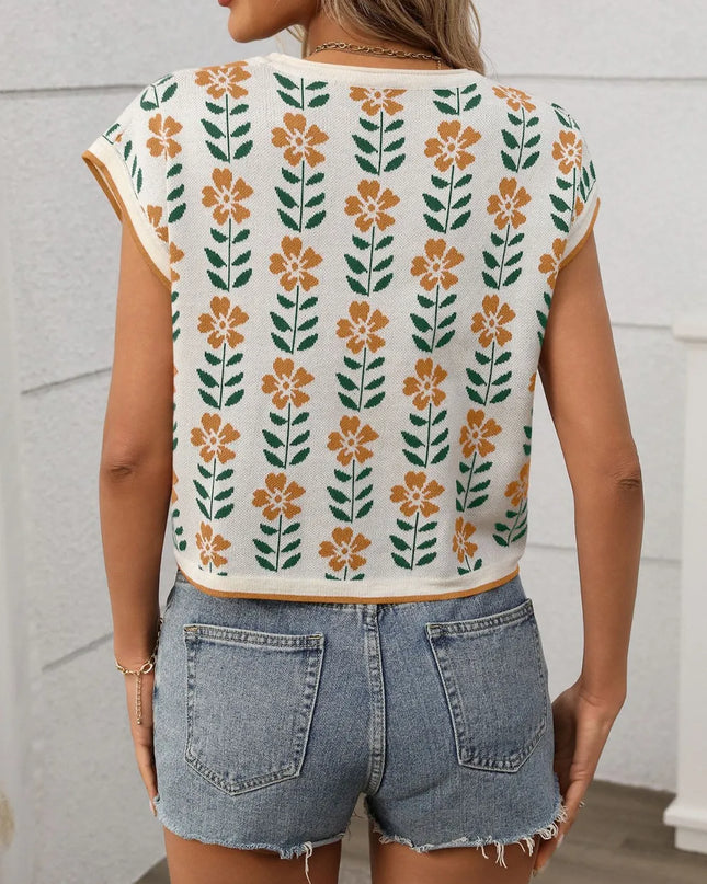 Flower Round Neck Short Sleeve Knit Top