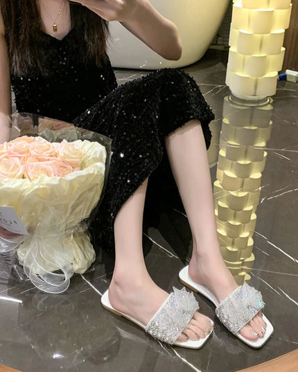 Rhinestone Embellished Flats Slip-On Sandals 