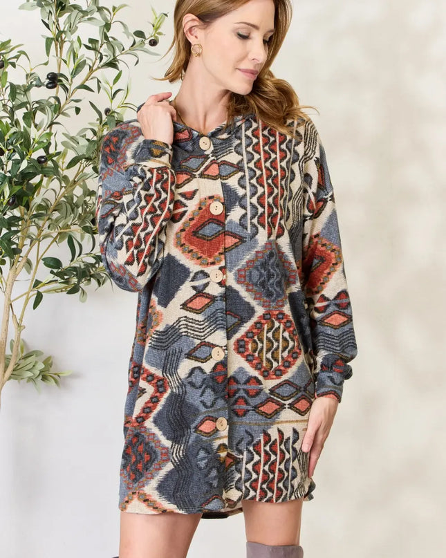 Heimish Full Size Printed Button Up Hooded Jacket