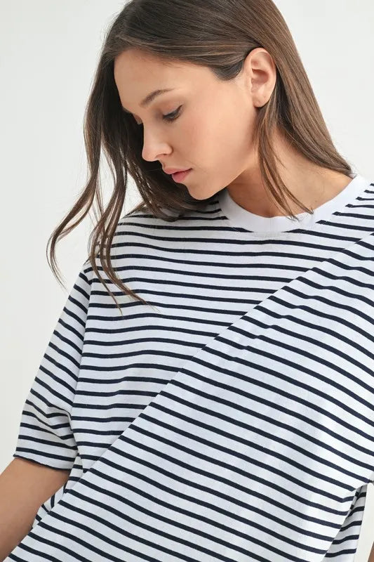 MONO B Coastal Cotton Striped Oversized Crewneck T-Shirt
