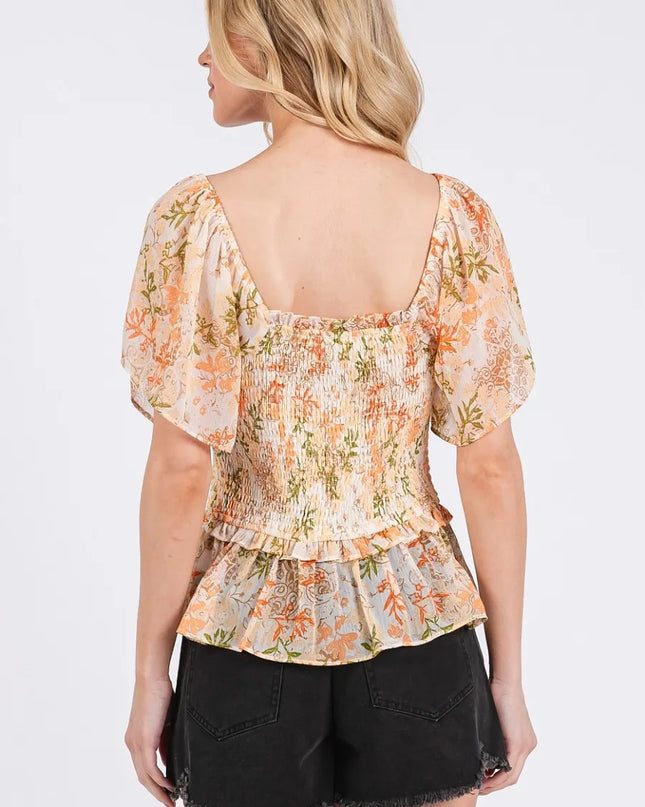 Mittoshop Floral Chiffon Smocked Square Neck Peplum Top 